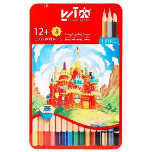 مداد رنگی ۳+۱۲ رنگ مدل جعبه فلزی آریا2