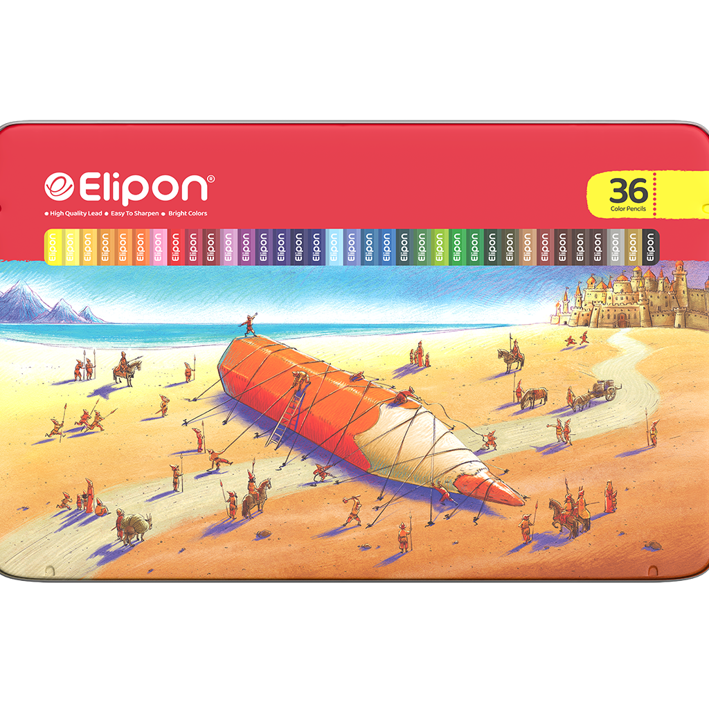  مداد رنگی الیپون 36 رنگ جعبه فلزی مدل 8121410 طرح گالیور 