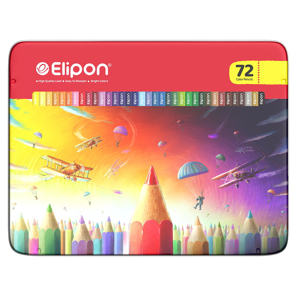  مداد رنگی الیپون 72 رنگ جعبه فلزی مدل 8121610 طرح سرزمین مدادها 