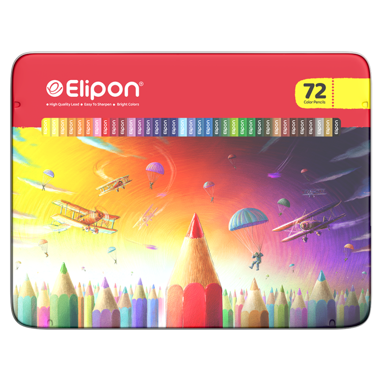 مداد رنگی الیپون 72 رنگ جعبه فلزی مدل 8121610 طرح سرزمین مدادها